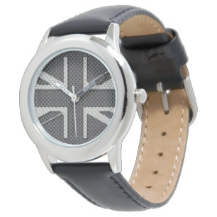 Montre Drapeau britannique noir et gris en fibre de carbo