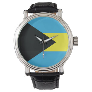 Montre Drapeau des Bahamas en noir, or et Aquamarine