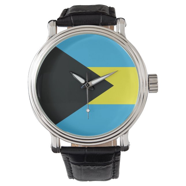 Montre Drapeau des Bahamas en noir, or et Aquamarine (devant)