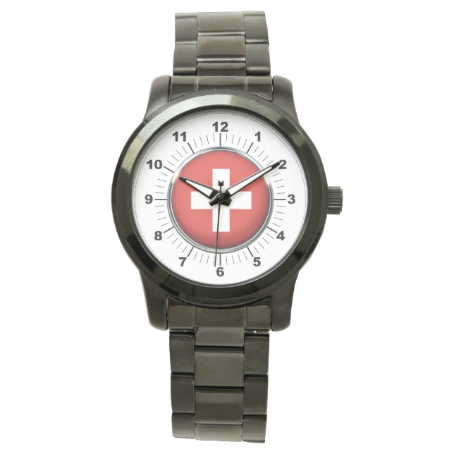 Montre Drapeau Suisse masculin Surdimensionné Black Watch (devant)