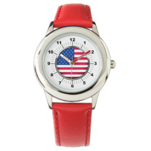 Montre Drapeau USA en acier inoxydable cuir rouge