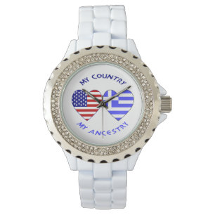 Montre Drapeaux grecs et américains Coeurs Pays Ancêtres