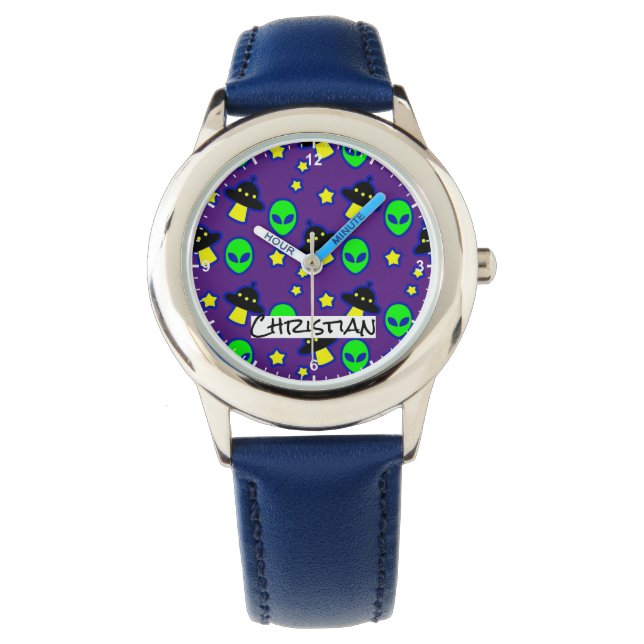 Montre Drôle Alien Head UFO Stars Motif Dessin Nom Texte (devant)