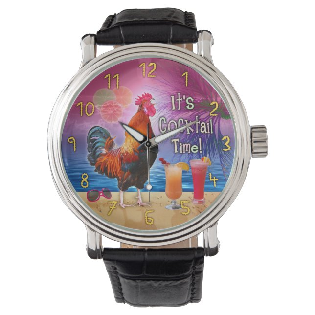 Montre Drôle Rooster Poulet Boire Tropical Plage Mer (devant)