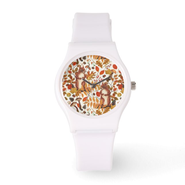 Montre Écureuils d'automne et flore automnale sur le blan (Recto)