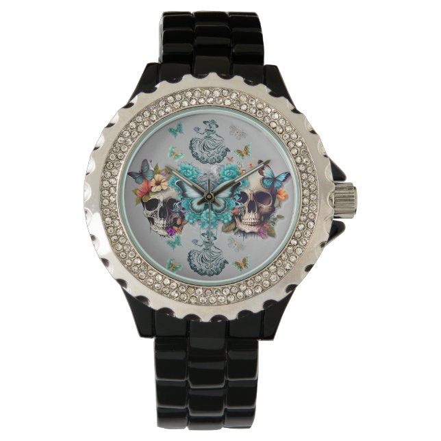Montre Élégance Ethérée : Crânes et papillons 🦋 💀 (devant)