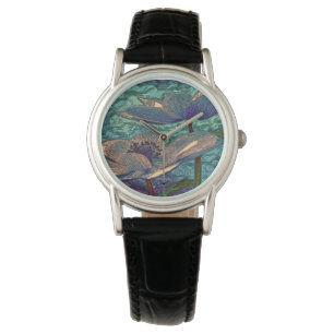 Montre Elégant Art Joli Bleu Métallisé Fleurs