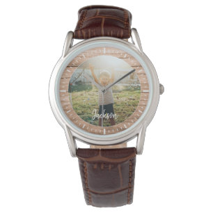 Montre Élégant bois rustique Nom personnalisé Photo
