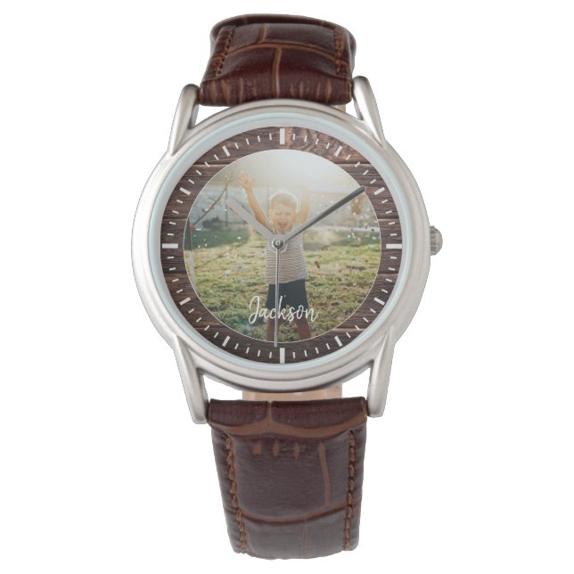 Montre Élégant bois rustique Nom personnalisé Photo (devant)