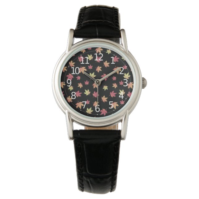 Montre Élégant Brown Rouge Feuilles d'automne Motif | (devant)