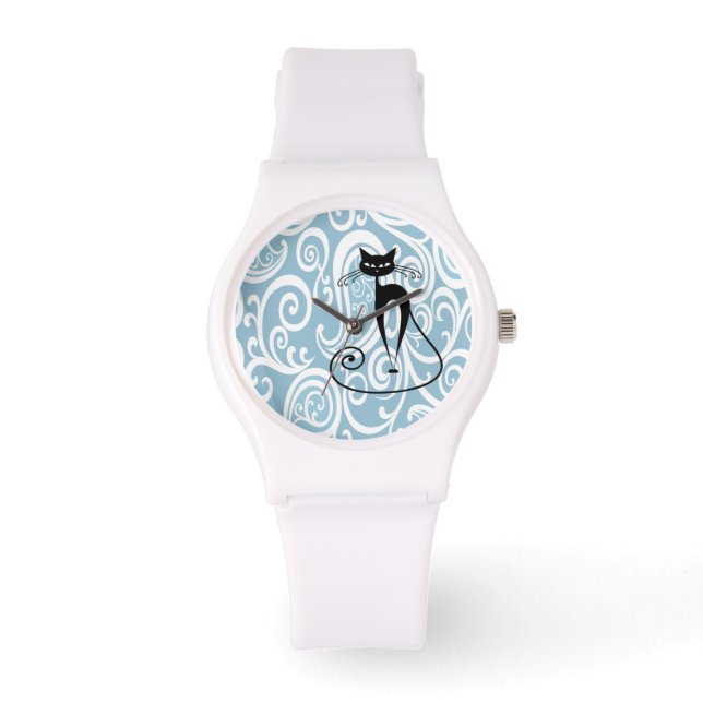 Montre Élégant chat noir doux motif floral (Recto)