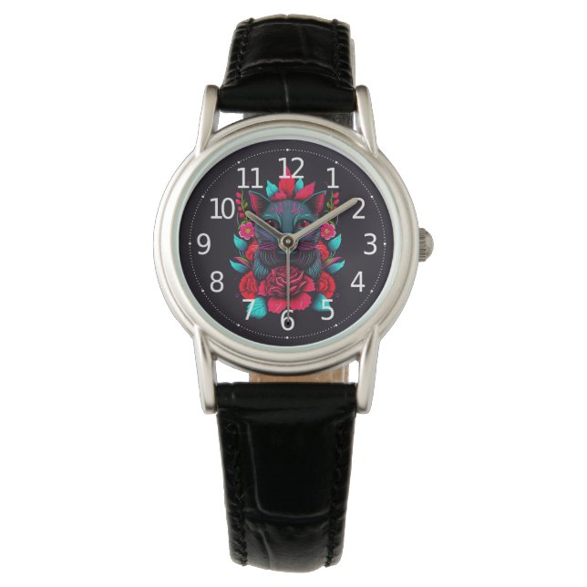 Montre Élégant chat noir entouré de roses rouges | (devant)