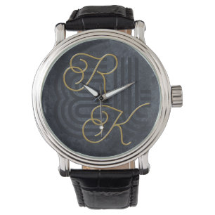 Montre Élégant Chic Luxe Charbon Noir & Or Monogramme