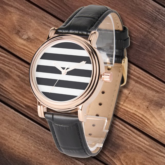 Montre Élégant classique noir blanc rayures cuir & or (Elegant Classic Black and White Stripes Leather Straps and Gold Face Watch for Women.)