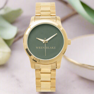 Montre Élégant cuir vert foncé Texture et script or