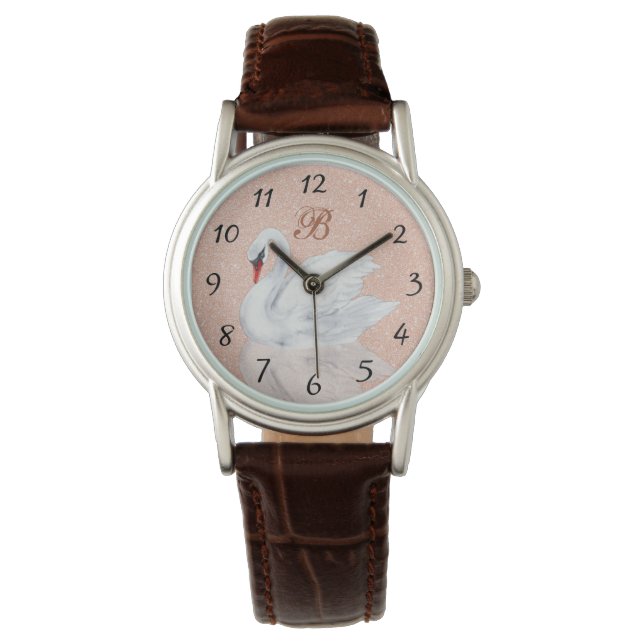 Montre Élégant cygne | Monogramme Rose Parties scintillan (devant)