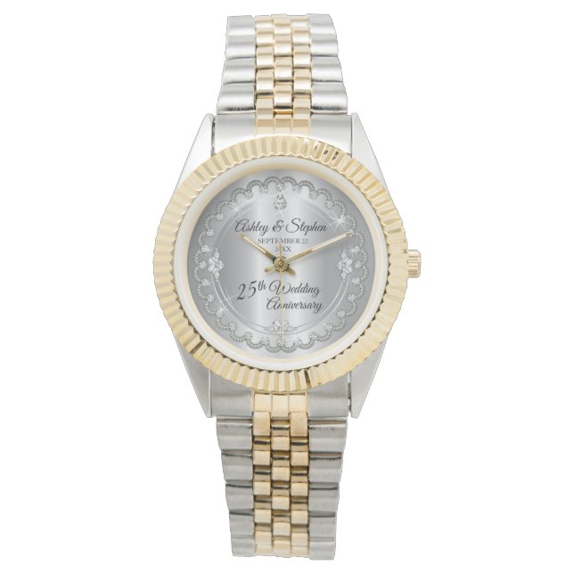 Montre Élégant Diamants d'argent 25e anniversaire Mariage (devant)