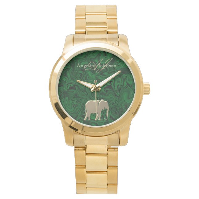 Montre Élégant Eléphant Or Émeraude Monogramme Vert Émera (devant)