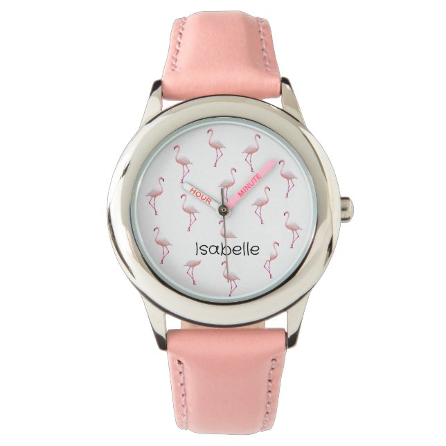 Montre Élégant Flamant rose blanc rose | Monogramme perso (devant)
