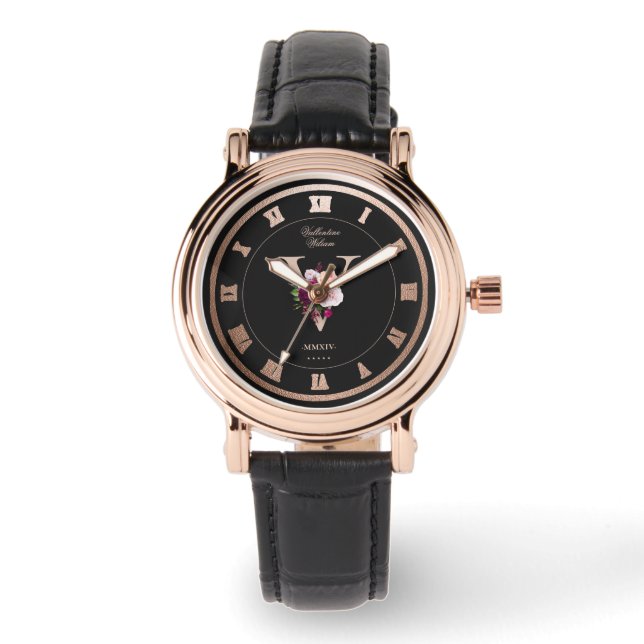 Montre Élégant Monogramme Floral Bridesmaid Rosegold Mode (Recto)