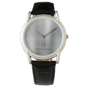 Montre Élégant Monogramme Gris Argent Brossé Métallique