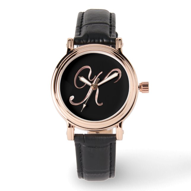 Montre Élégant Monogramme initial K noir Rose or (Recto)