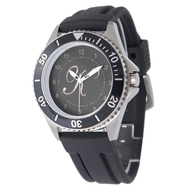 Montre Élégant Monogramme Lettre initiale K Black Rose Go (Incliné)