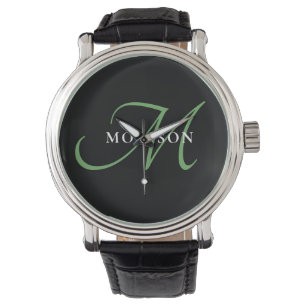 Montre Élégant Monogramme moderne noir vert Script