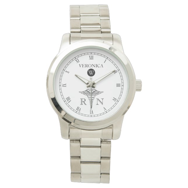 Montre Elégant Monogramme Noir|Blanc Visage Infirmière (devant)
