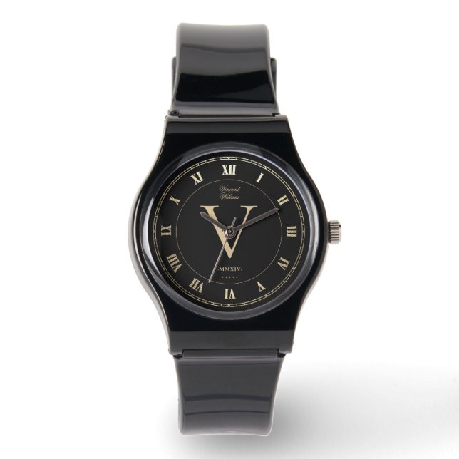 Montre Élégant Monogramme Roman Black Faux Gold (Recto)
