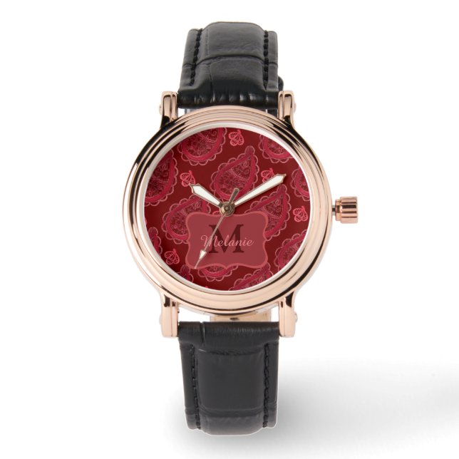 Montre Elégant Motif Burgundy Paisley Personnalisé (Recto)