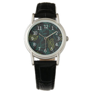 Montre Élégant Motif Feuille vert et jaune 