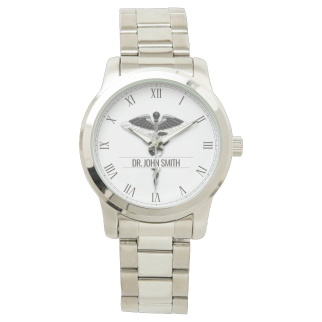 Montre Elégant Noir Blanc Médicale Classy Caduceus Nom (devant)