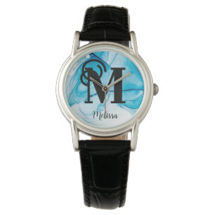 Montre Élégant nom de monogramme marbré bleu
