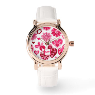 Montre Élégant rose girly, coeurs floraux, monogramme mot
