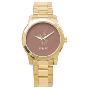 Montre Élégant Terracotta Floral Newlyweds Monogramme