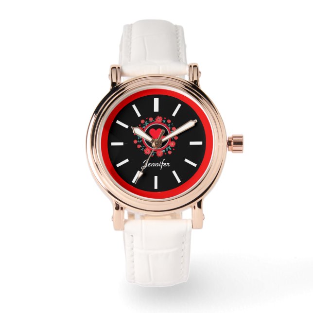Montre Elégant visage noir blanc, motif rouge floral (Recto)