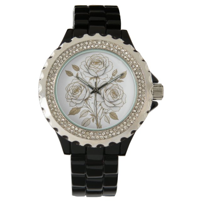 Montre Elegant White & Gold Floral Rose Watch – Luxury Bo (devant)