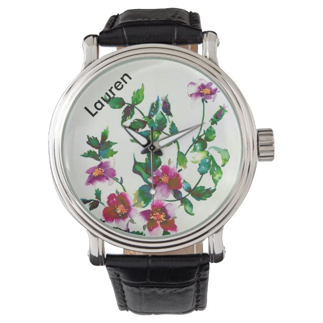 Montre Elégante aquarelle moderne fleur sauvage rose fonc (devant)