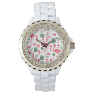 Montre Elégante aquarelle rose tropicale flamingo floral