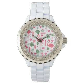 Montre Elégante aquarelle rose tropicale flamingo floral