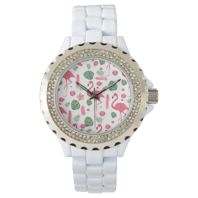Montre Elégante aquarelle rose tropicale flamingo floral (devant)