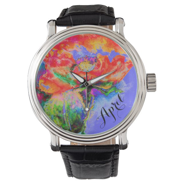 Montre Elégante aquarelle rouge florale abstrait pavot (devant)