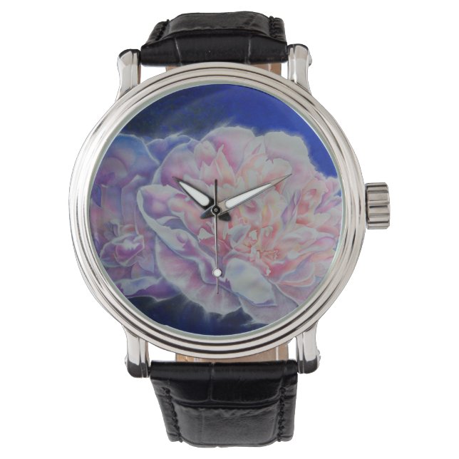 Montre Elégante couleur rose blanc pastel aquarelle flora (devant)