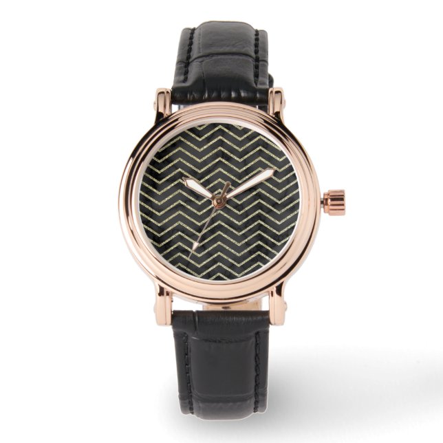 Montre Elégante femme en marbre noir et or Chevron (Recto)