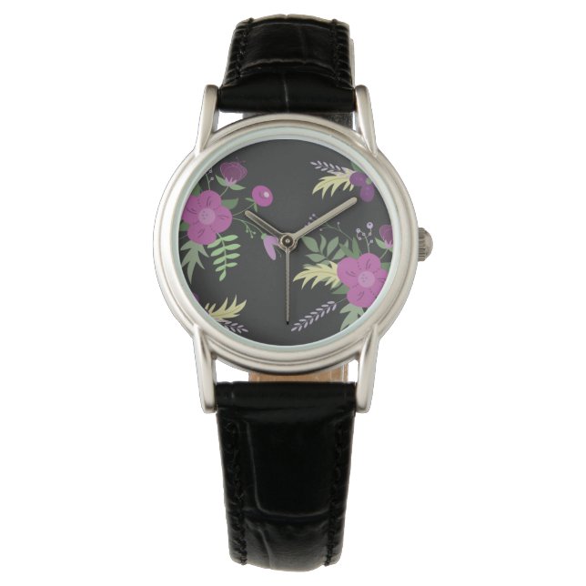 Montre Elégante Fleurs violettes Art sur Noir (devant)