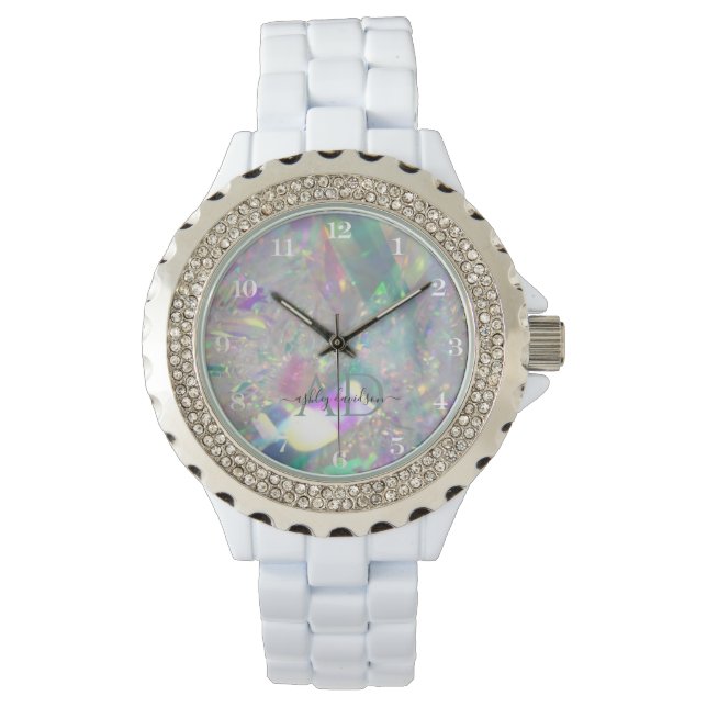 Montre Élégante Iridescente | Monographie en strass (devant)
