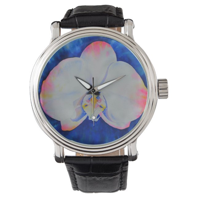 Montre Elégante orchidée d'aquarelle blanche rose (devant)