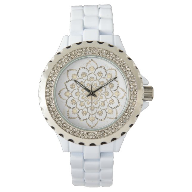 Montre Elégante teinte dorée et blanche Mandala Flower (devant)