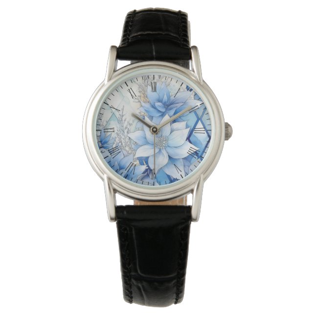 Montre Élégantes fleurs d'hiver bleues (devant)